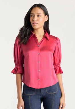 Cinq à Sept Fiona Ruffle Cuff 100% Silk Button-Up Blouse Raspberry Rose XS READ
